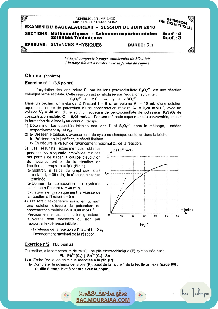 Sujet controle physique Bac 2010 – Section technique